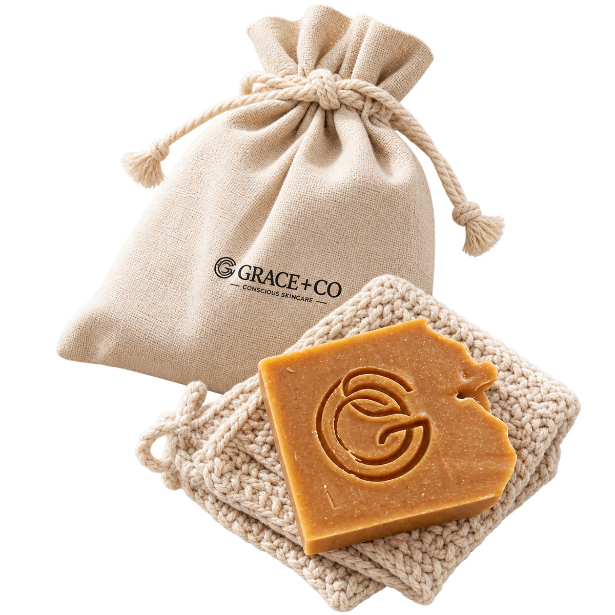 Turmeric & Ginger Soap Gift Bag + Hand-knitted Cotton Washcloth
