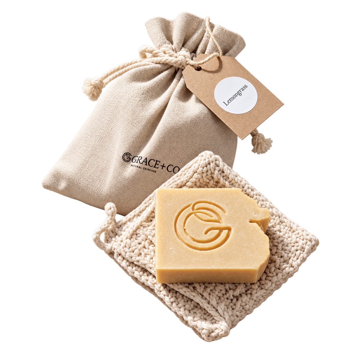 Lemongrass Soap Gift Bag + Hand-knitted Cotton Washcloth